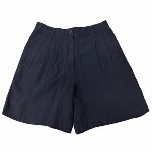 VTG 90s Russ Petite Pleated Trouser Shorts Navy Linen Blend Slub High Rise 6P